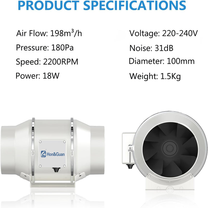 Hon&Guan Abluftventilator Rohrventilator 100mm mit Variabler Geschwindigkeitskontrolle, Abluftventil