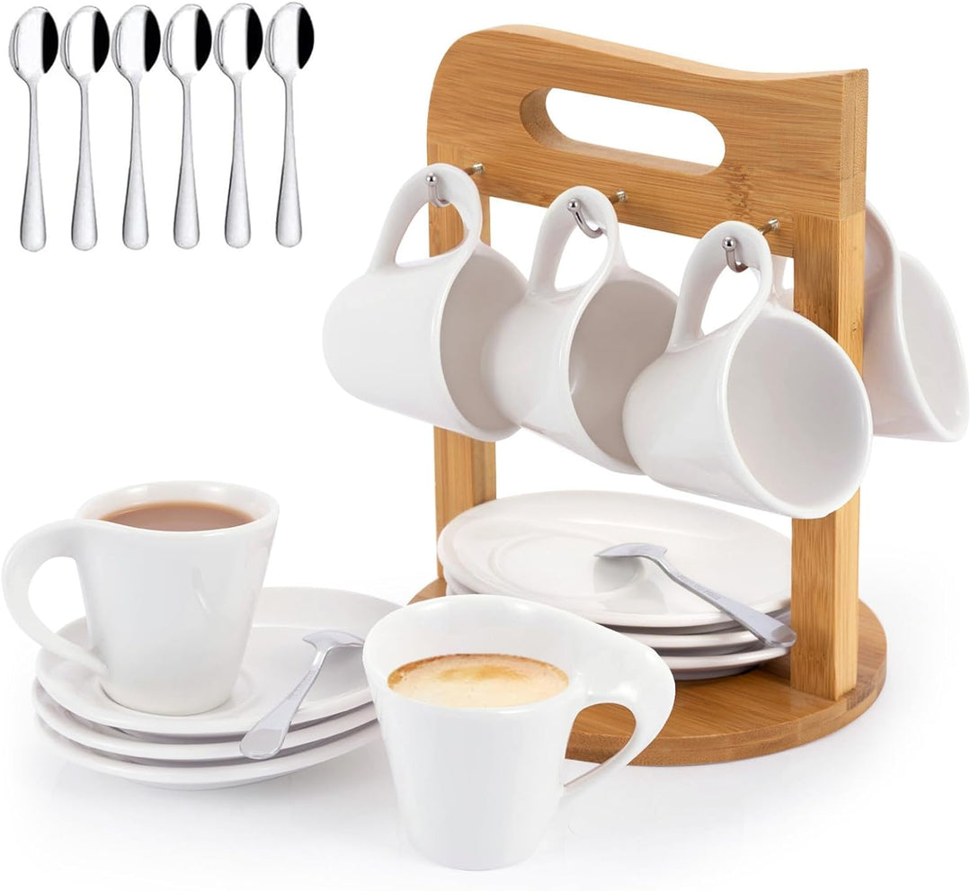 JUJOYBD Espressotassen Set mit Ständer, 6 x 80ml Porzellan Espresso Tassen mit Untertassen Set, Mokk