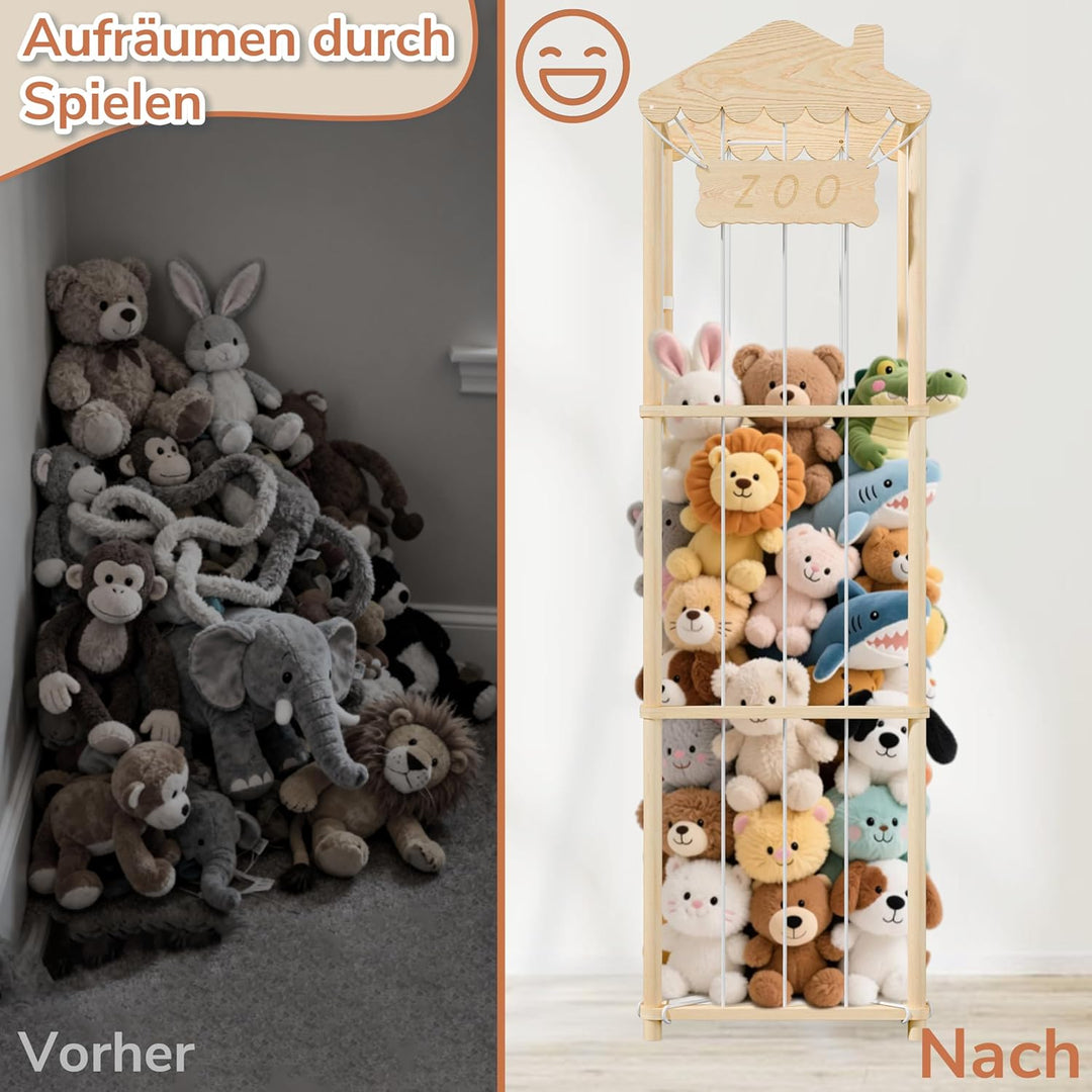 AMBIRD Kuscheltier Aufbewahrung Kinderzimmer, 140 * 40 * 40 cm Holz Kinder Spielzeug Regal für Kusch
