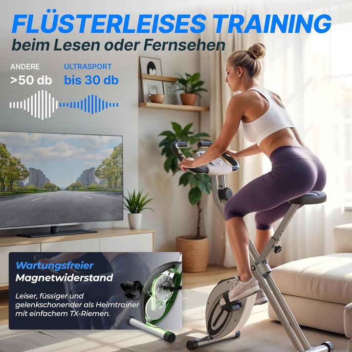 Ultrasport F-Bike, Fahrradtrainer, Heimtrainer, faltbares Fitnessfahrrad, integrierter Trainingscomp