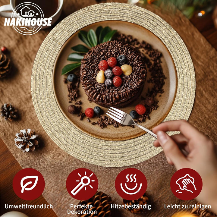 NAKIHOUSE Tischsets Abwaschbar Rund Geflochten Tischset 6er Set, 38cm Rund Platzsets Abwischbar, rut