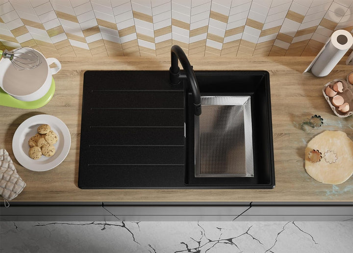 PRIMAGRAN Spülbecken Schwarz - Kopenhagen Top, 78x50cm | Granitspüle 1 Becken + Ablauf-Set, Küchensp