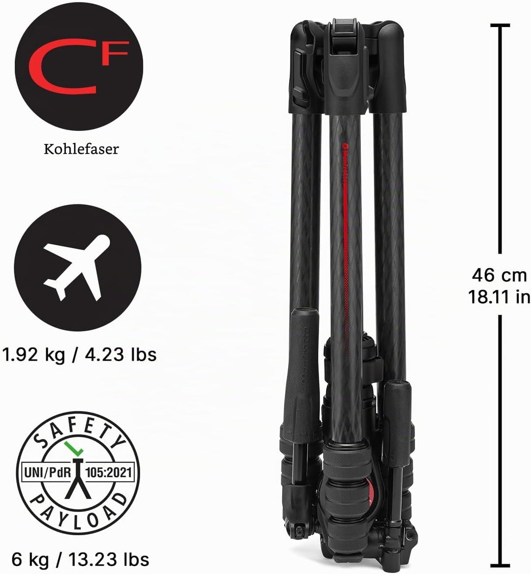Manfrotto Befree GT PRO 3-Way, Professional Travel Tripod Kit, 3-Way Fluid Head, Levelling Column, P