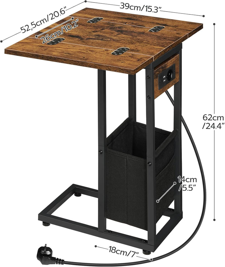 HOOBRO Beistelltisch mit Ladestation, C-Form, Klappbarer Couchtisch mit Stofftasche, Nachttisch mit