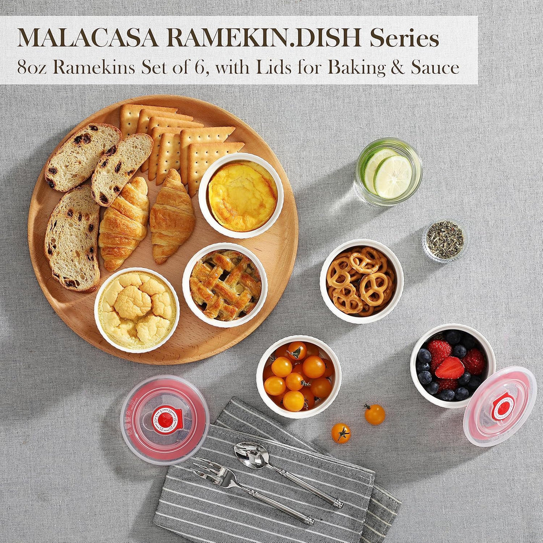 MALACASA Creme Brulee Schälchen mit Deckel 6er Set, 240 ml Porzellan Souffle Förmchen Backofenfest,