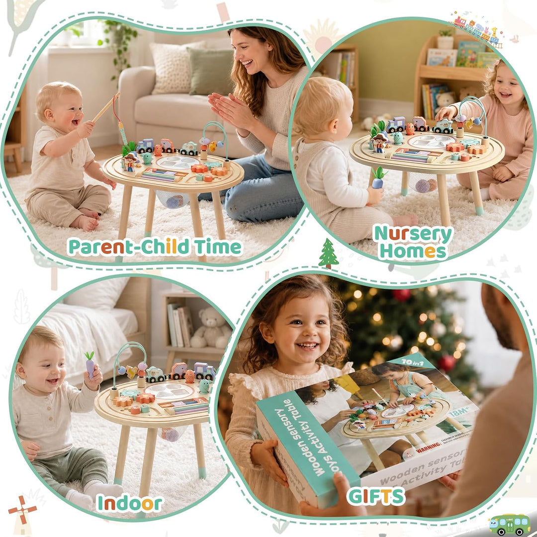 10 in 1 Montessori Spielzeug – Aktivitätstisch aus Holz ab 1 Jahr | Motoriktisch Motorikspielzeug Sp