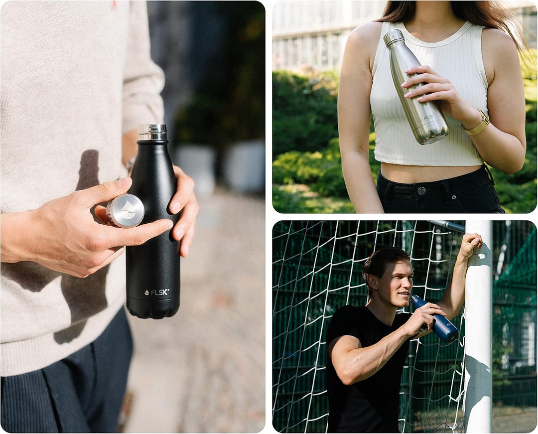FLSK Trinkflasche I Premium Trinkflasche aus Edelstahl I 100% Auslaufsicher & Kohlensäure geeignet I