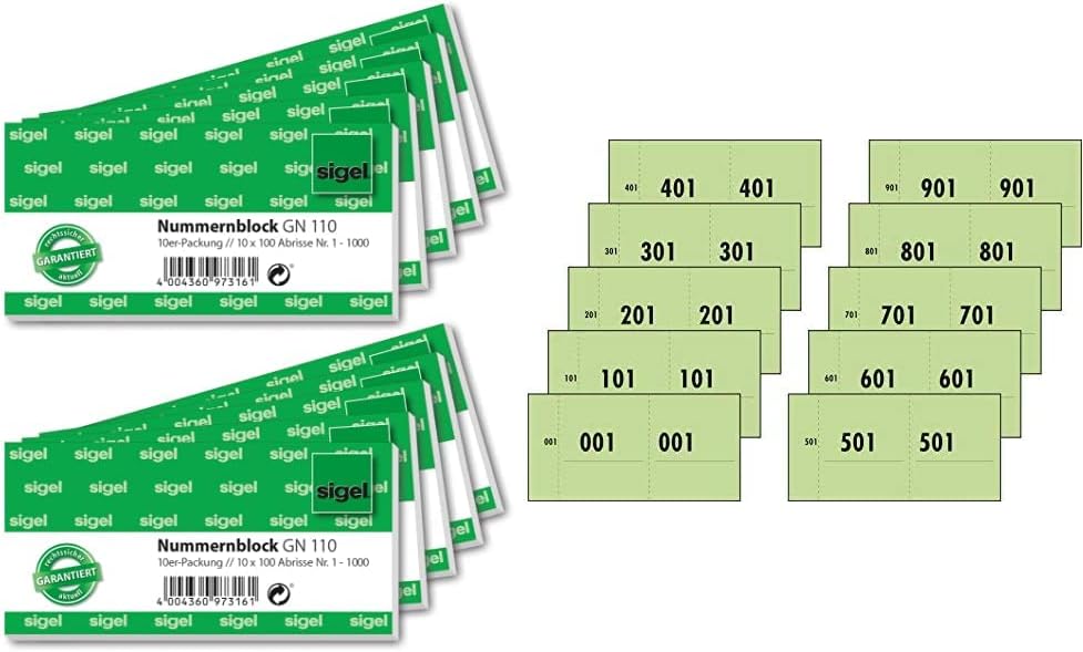 Sigel GN110 Nummernblock, 1000 Bons (nummeriert 1-1000, 10,5x5 cm, Farbauswahl nicht möglich) & 7615