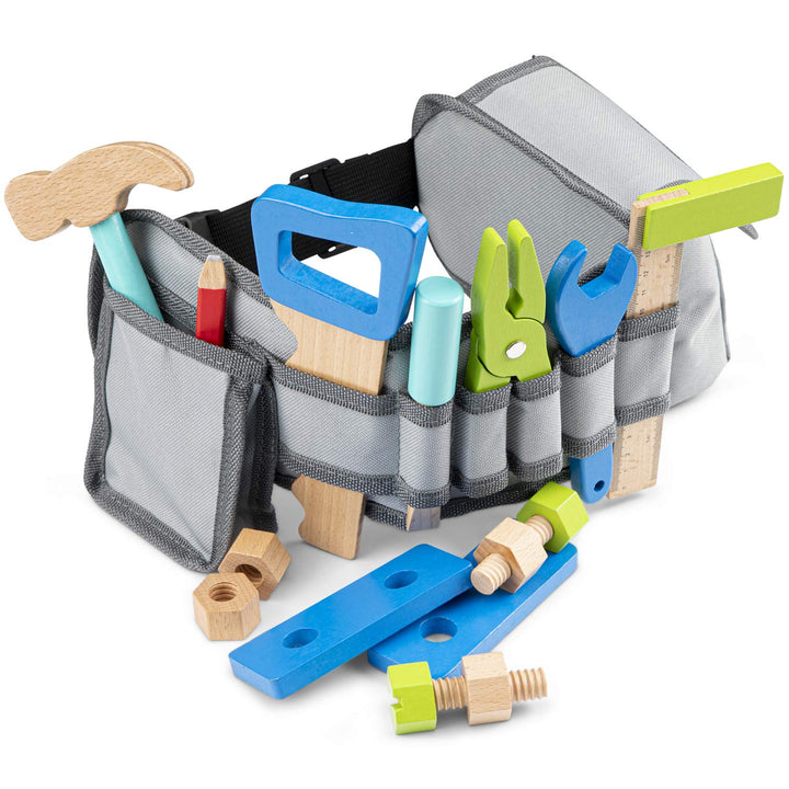 Woet® Blau Werkzeuggürtel Set für Kinder - Rollenspiel Handwerker - Mit Holzwerkzeug - Ab 3 Jahren W