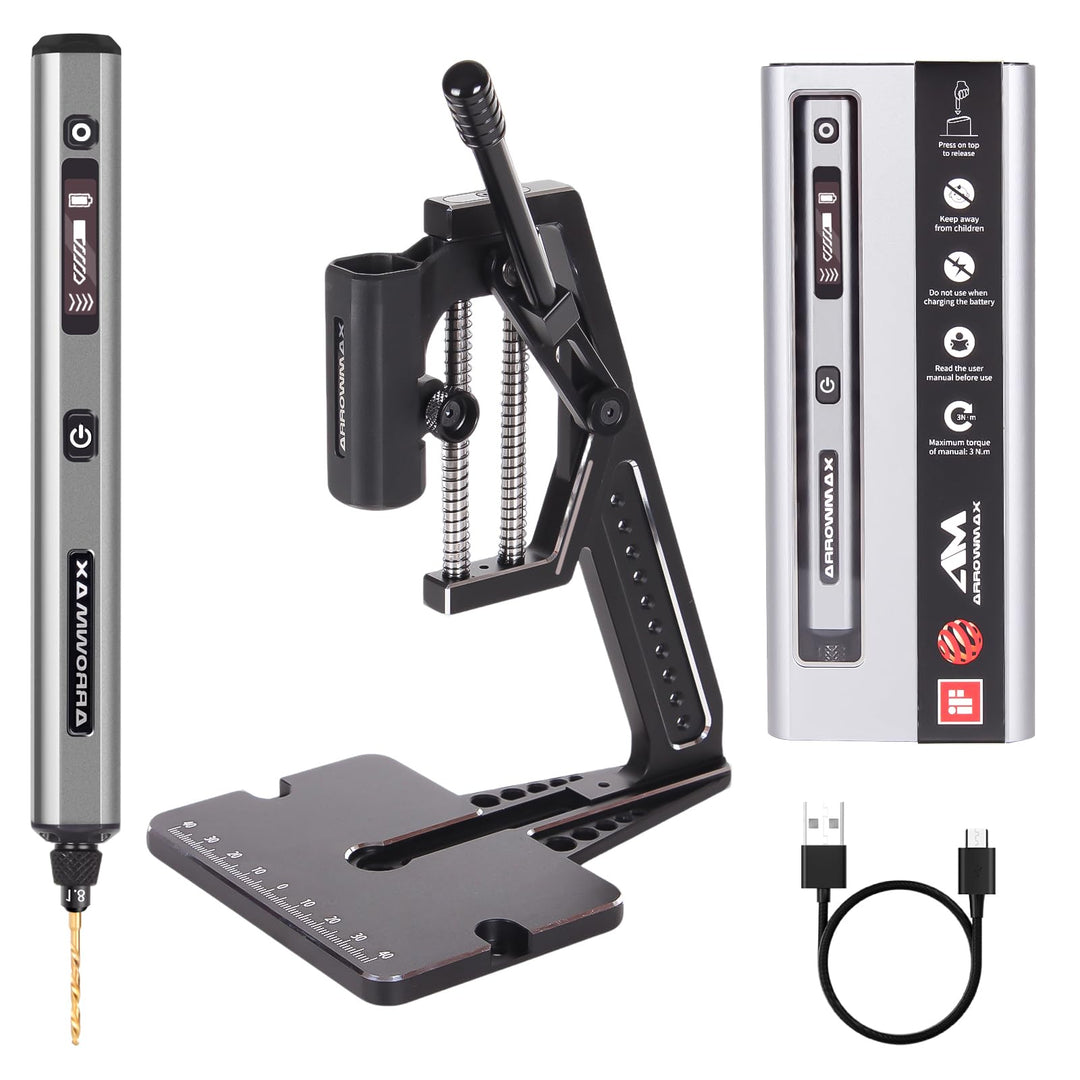 ARROWMAX 5-Gang-Mini-Bohrstift mit Tischpresse, 10 kleine Bits mit Aluminiumbox, LED-Leuchten, OLED-