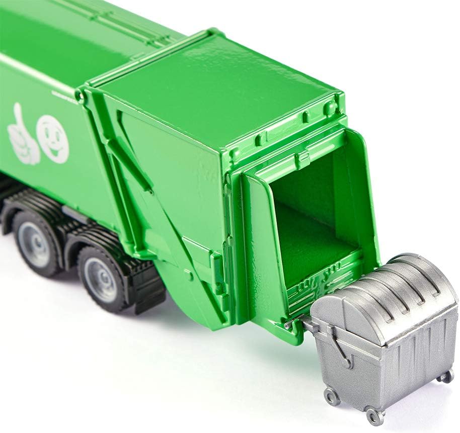 siku 2938, Müllwagen, 1:50, Metall/Kunststoff, Grün/Weiss, Öffenbarer Heckbereich, Inkl. Mülltonne,