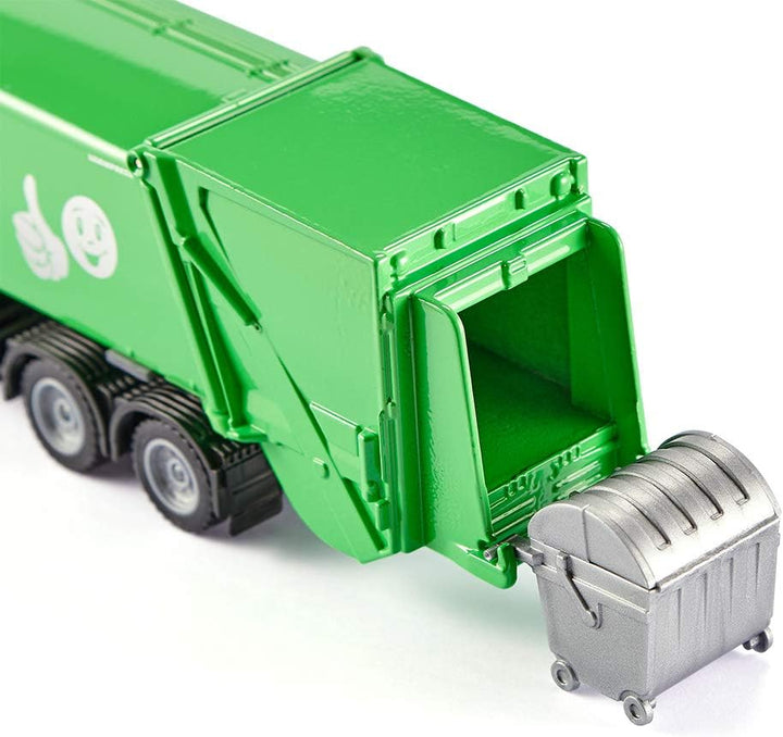 siku 2938, Müllwagen, 1:50, Metall/Kunststoff, Grün/Weiss, Öffenbarer Heckbereich, Inkl. Mülltonne,