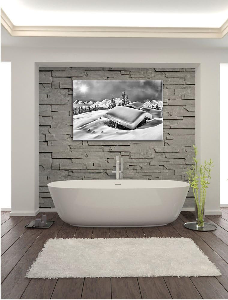 Pixxprint Berghütten Alpen / 100x70cm Leinwandbild bespannt auf Holzrahmen/Wandbild Kunstdruck Dekor