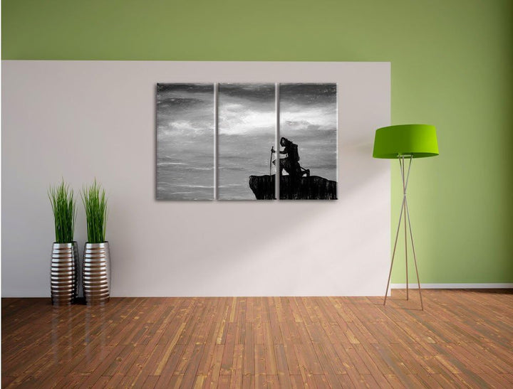 Pixxprint Samurai auf der Spitze des Berges / 3-Teilig/Gesamtmass 120cm Leinwandbild bespannt auf Ho