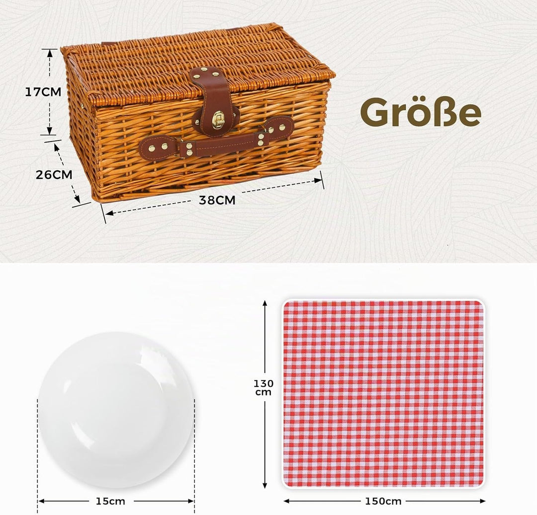 Picknickkorb Set für 2 Person mit Kühlfach und wasserdichte Picknickdecke, Abnehmbarer Riemen, Weinb