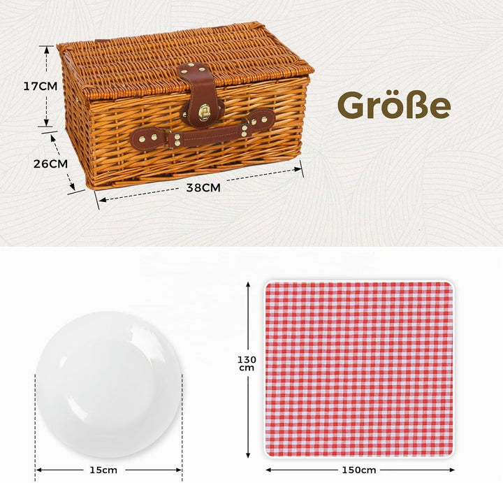 Picknickkorb Set für 2 Person mit Kühlfach und wasserdichte Picknickdecke, Abnehmbarer Riemen, Weinb