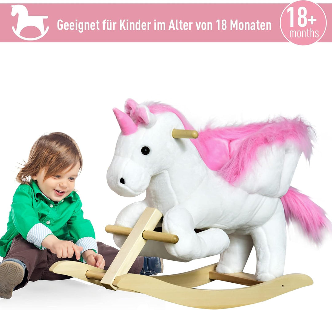 HOMCOM Schaukeltier Schaukeleinhorn mit Soundfunktion, Holzkufen und Griffen, Baby Schaukeltier mit
