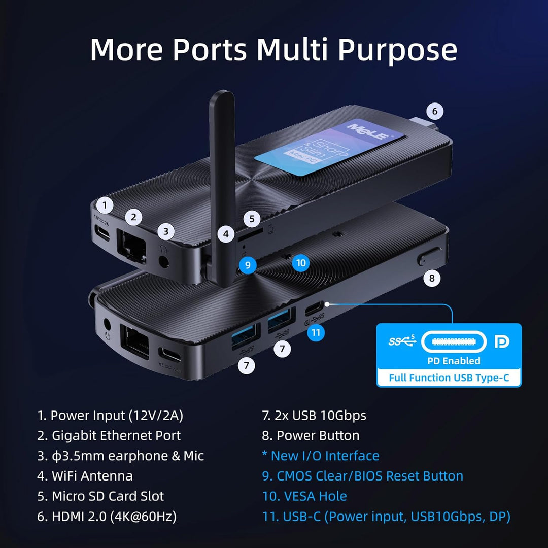 MeLE PCG02 Lüfterloser Mini PC Stick Alder Lake N100(bis zu 3.4GHz) 8GB LPDDR4 128GB ROM Mikro-Deskt