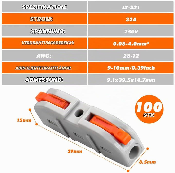 Kabelverbinder, 100 Stück Durchgangsverbinder, SPL-1 Kabelklemmen Elektro, 4mm² Leiter Klemme mit He