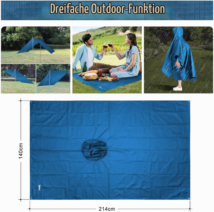 Azeekoom Regenjacke Regenponcho, Regenmantel Wasserdicht Unisex Camping Zelt Campingdecke 3 in 1 Mul