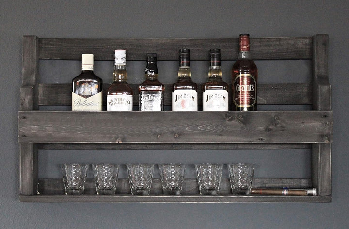 Dekorie Whisky Regal aus Holz - mit Gläserhalter - Schwarz - Industrie Stil - fertig montiert - Wand