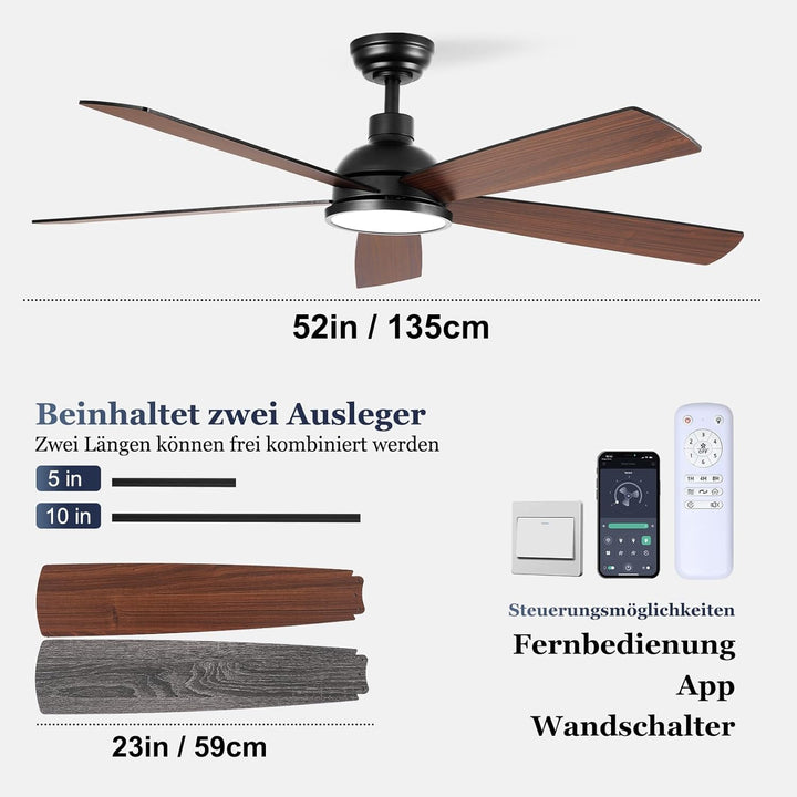 132 cm Deckenventilator mit Beleuchtung und Fernbedienung | 5 Holz Flügeln, doppelseitige Flügel, Ti