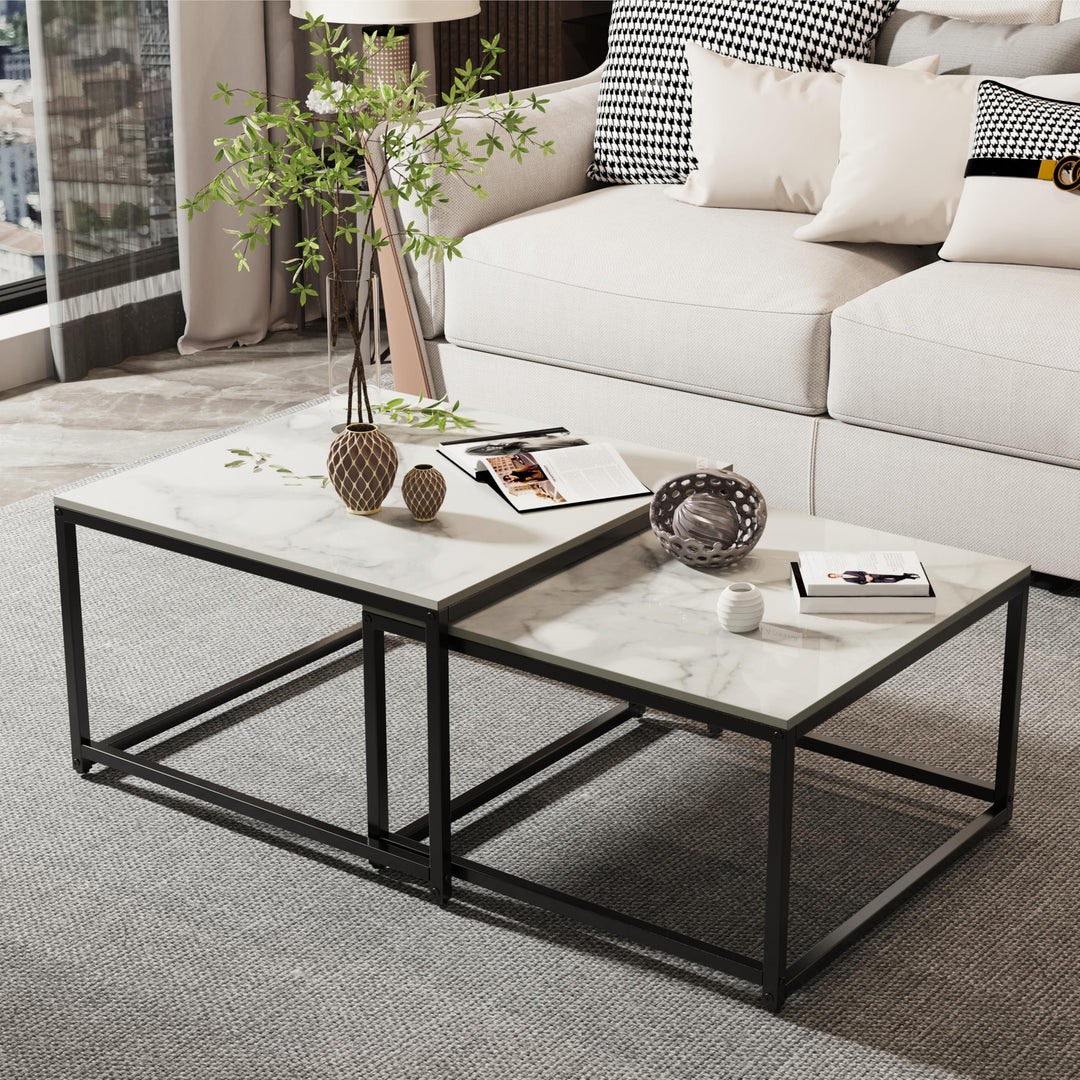FATIVO Couchtisch Marmor Set Weiss: 2er Set Satztisch Abstelltisch Skandinavisch Beistelltisch Set f