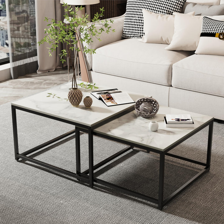 FATIVO Couchtisch Marmor Set Weiss: 2er Set Satztisch Abstelltisch Skandinavisch Beistelltisch Set f