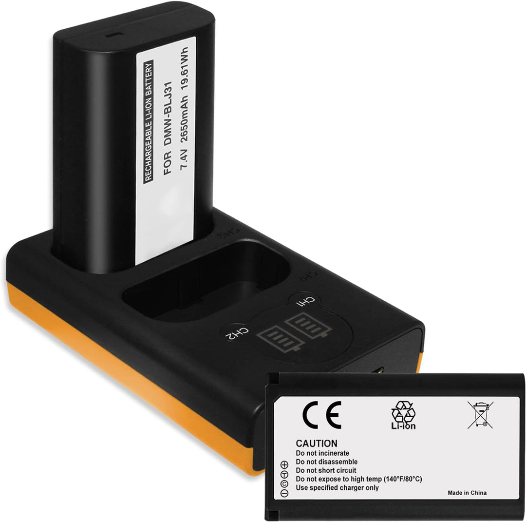 2X Akku 2650 mAh + Dual-Ladegerät (USB, mit LCD) für DMW-BLJ31 kompatibel mit Panasonic Lumix DC-S1,