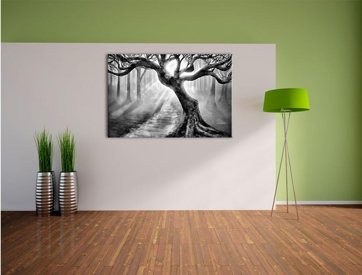 Pixxprint Baum am Waldweg / 100x70cm Leinwandbild bespannt auf Holzrahmen/Wandbild Kunstdruck Dekora