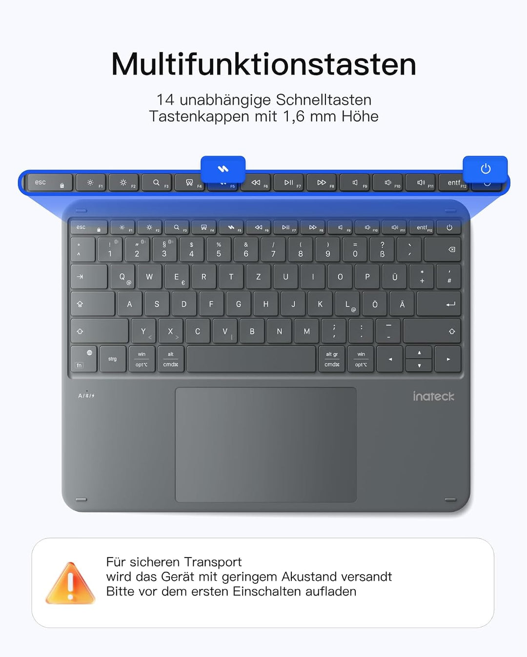 Inateck leichte Bluetooth-Tastatur, grosses Touchpad, grosse Tasten