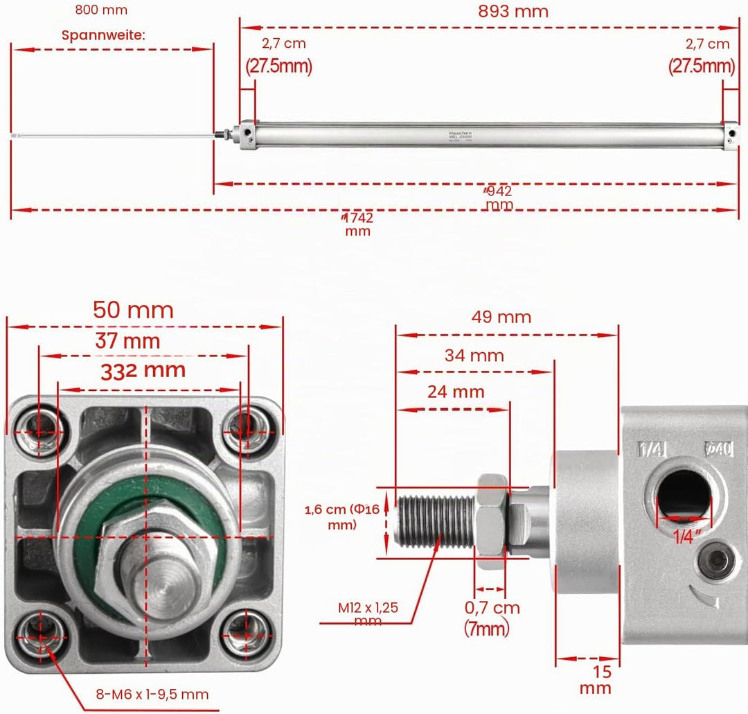 Heschen Pneumatischer Standard-Luftdruckzylinder, SC 40-800, PT1/4 Anschluss, 40mm Bohrung, 800mm Hu