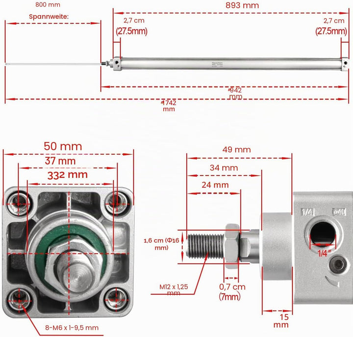Heschen Pneumatischer Standard-Luftdruckzylinder, SC 40-800, PT1/4 Anschluss, 40mm Bohrung, 800mm Hu
