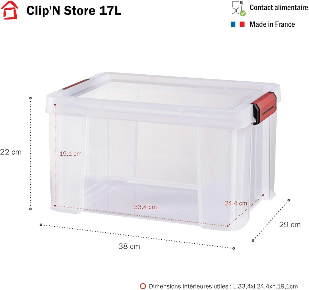 SUNDIS Clip'N Store, 3er-set Aufbewahrungsboxen 17l mit Schnappdeckel, transparentem Kunststoff, ver