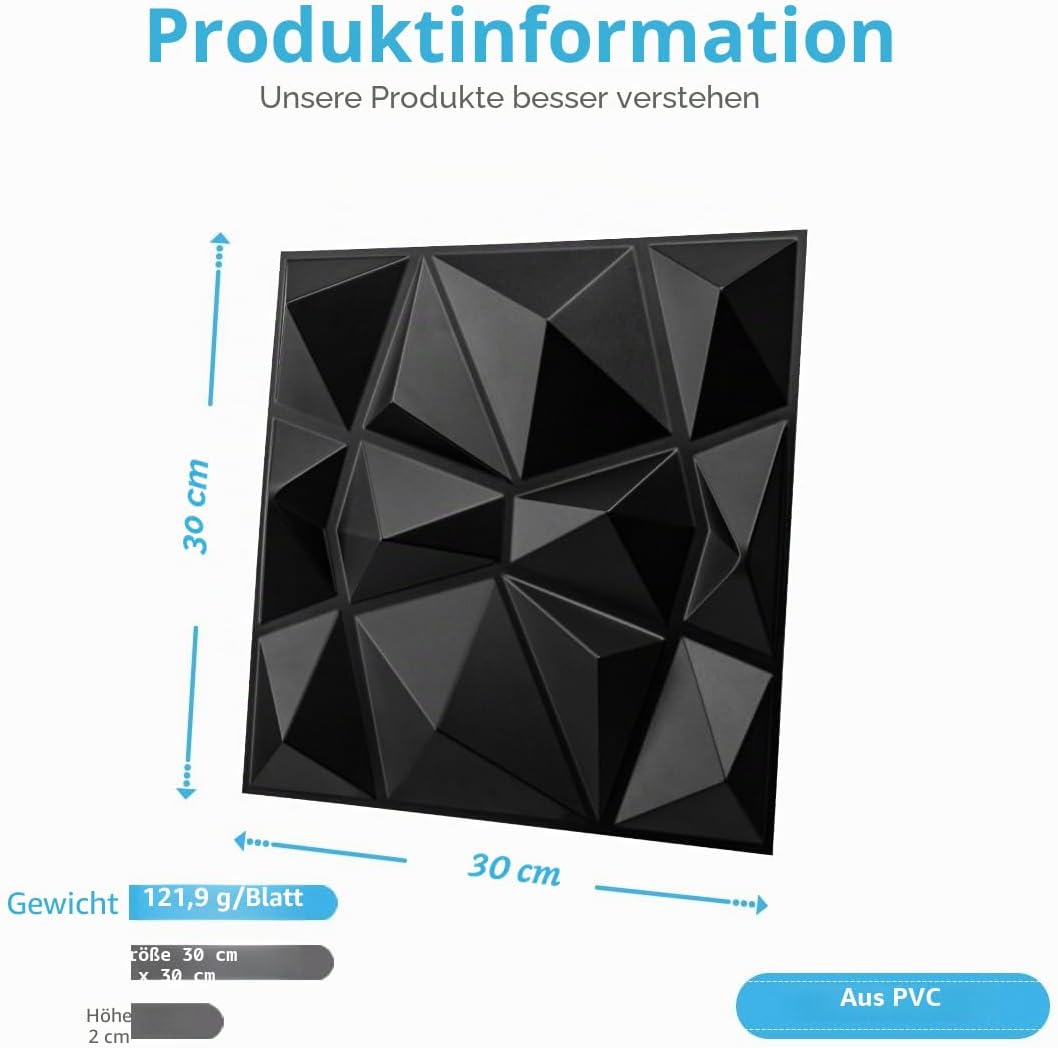Art3d 33 Stück 3D Wandpaneele Diamant 30 x 30 cm matt schwarz, Hochsteifes PVC, Dauerhaft, Nicht Ver