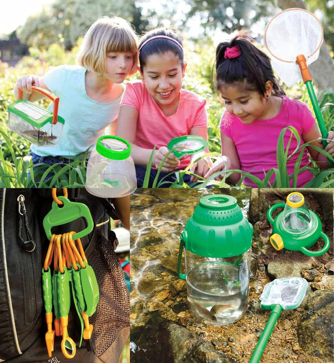 Naturbeobachtung Set 4teilig 5 Liter Eimer mit Lupe im Deckel, Kescher, Pinzette und extra Entdecker