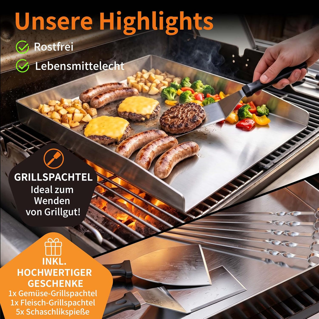 Edelstahl-Grillplatte – Dick &amp; Rostfrei, inkl. 2 Grillspachteln &amp; 5 Spiessen – Für die meisten Gas-