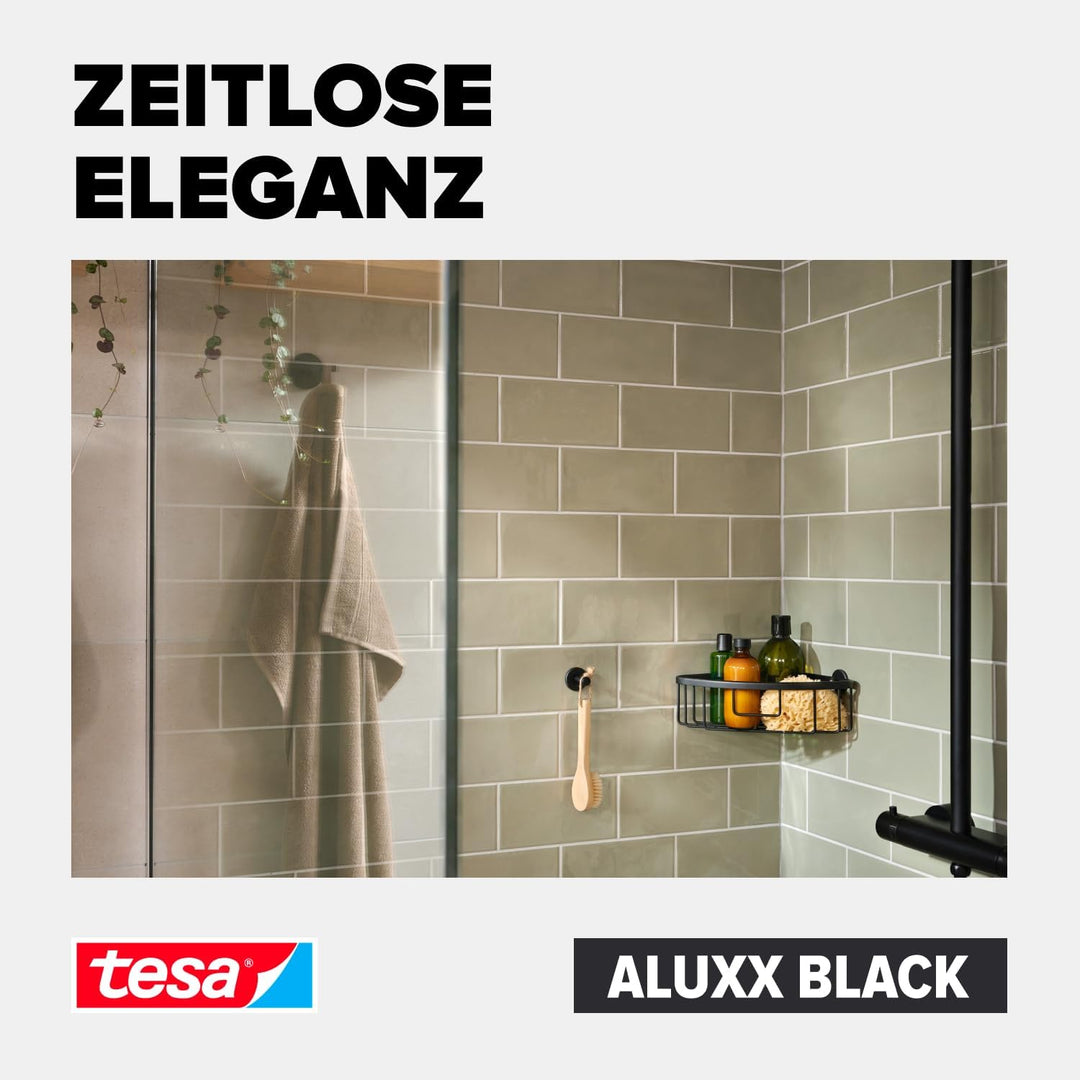 tesa ALUXX BLACK zweistöckige Eck-Duschablage zur Wandmontage ohne Bohren, schwarz matt - für Bäder