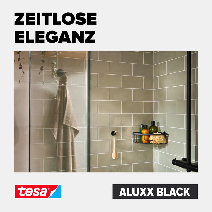 tesa ALUXX BLACK zweistöckige Eck-Duschablage zur Wandmontage ohne Bohren, schwarz matt - für Bäder