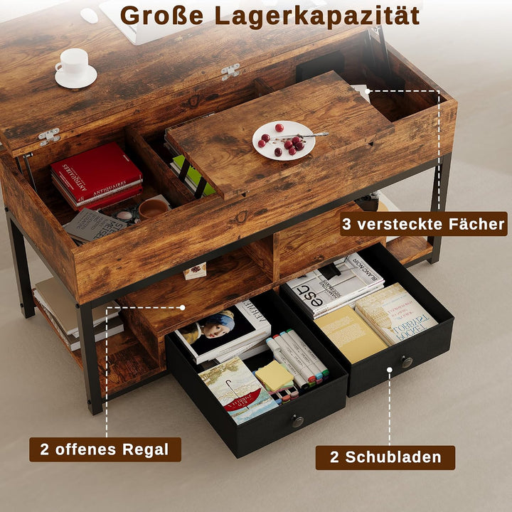 IRONCK Couchtisch Höhenverstellbar, LED Wohnzimmertisch mit Steckdosen, 2AC+USB+USB‑C, Kaffeetisch H