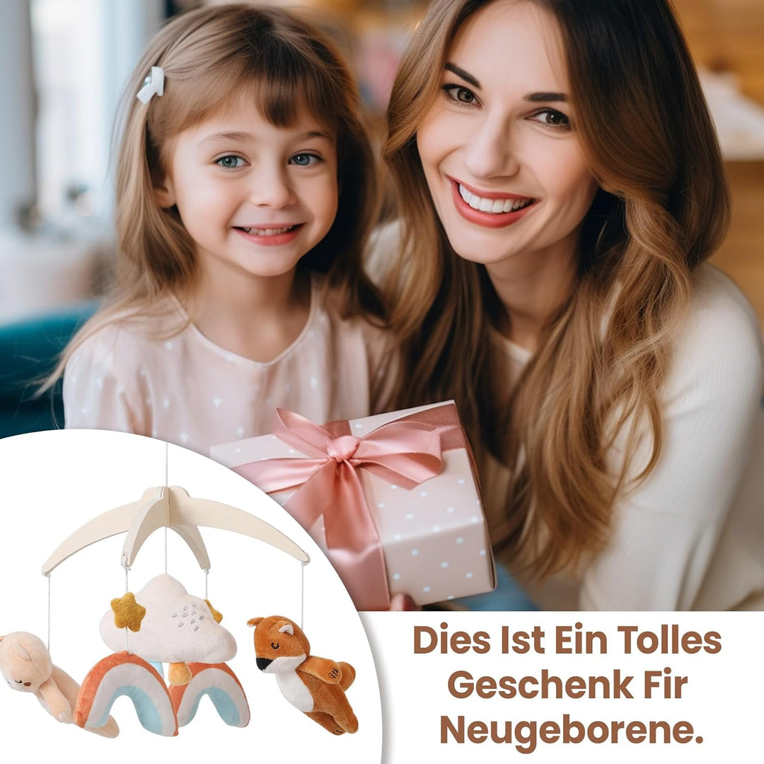 Baby Mobile Holz für Babybett, Regenbogen Wolke mit Plüsch Bär, Fuchs Mobile Baby, Mobile Baby Winds