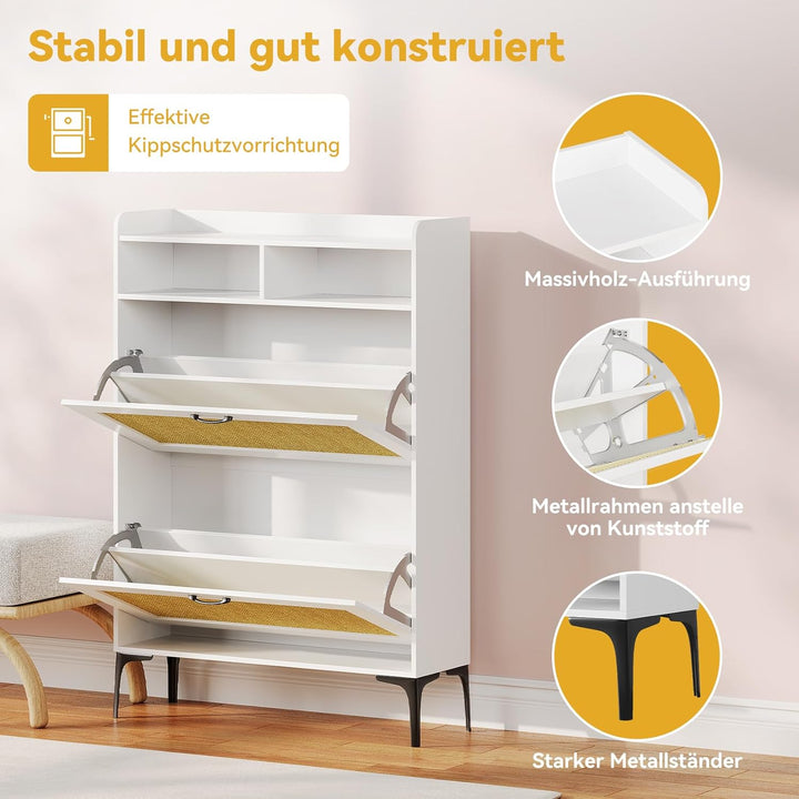 Dripex Schuhschrank schmal, Schuhkipper mit Rattan-Dekor, mit 2 Flip-Schubladen,Schuhregal schmal mi