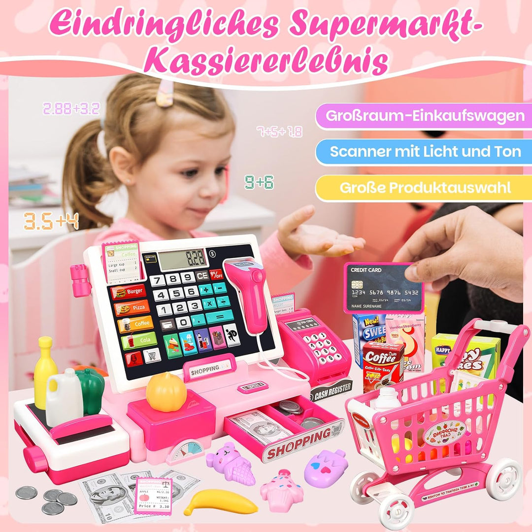 Herenear Kaufladenkasse für Kinder, Spielzeug Kasse mit Scanner und Sound - inkl. 52 Zubehör(Scanner