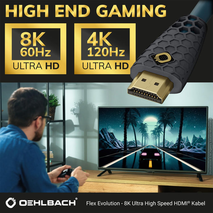 Oehlbach Flex Evolution - Patent Knickschutz - 8K Ultra High-Speed HDMI Kabel - UHD 60Hz 4320p / 4K