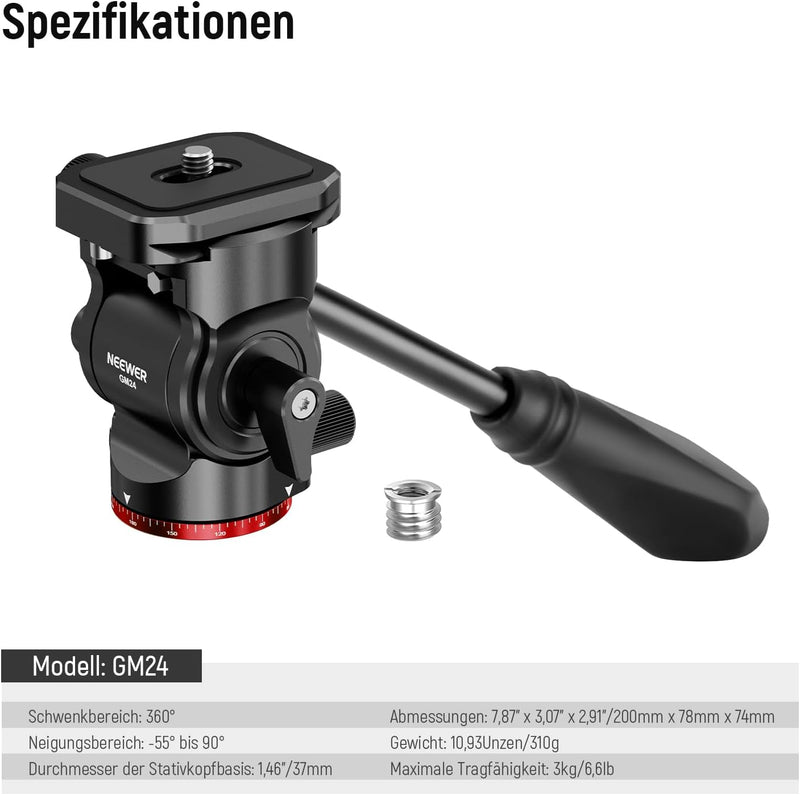 NEEWER Stativ Fluidkopf Pan Tilt Head mit Schnellwechselplatte und Griff, Metall Kamera Stativkopf k