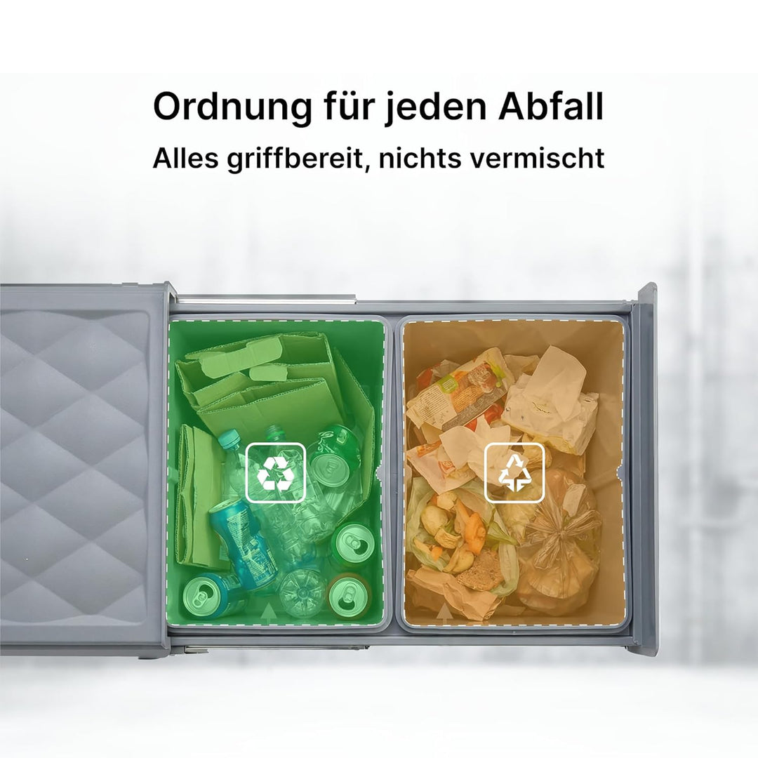 Einbaumülleimer Küche 2 Fächer (2x15L) – Mülltrennsystem,5-Punkt-Verstärkung,ausziehbarer Unterschra