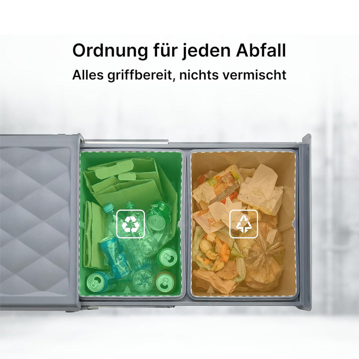 Einbaumülleimer Küche 2 Fächer (2x15L) – Mülltrennsystem,5-Punkt-Verstärkung,ausziehbarer Unterschra