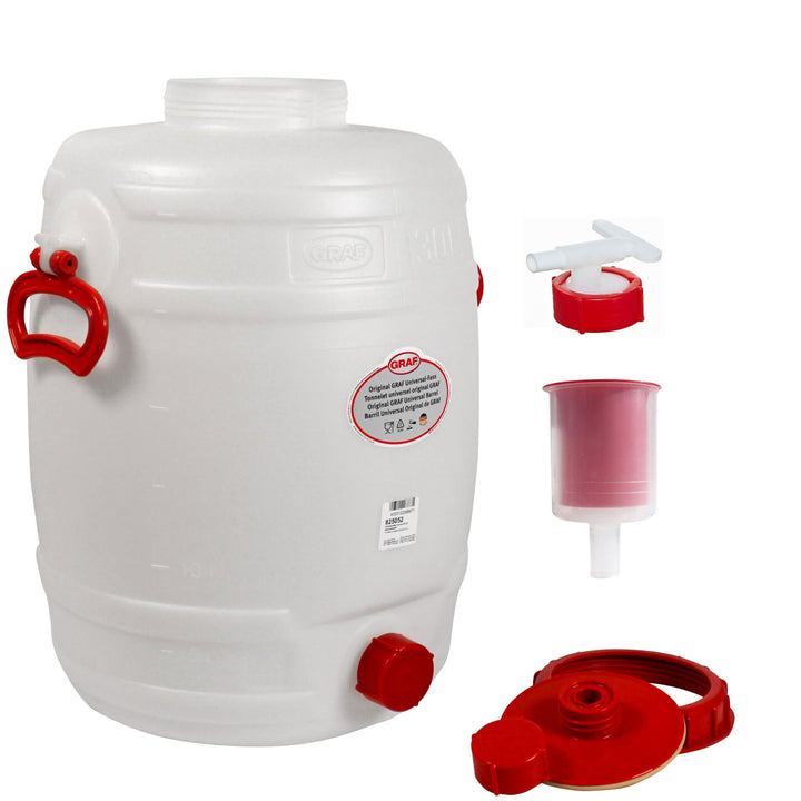 Graf Fass 30 Liter Rund mit Auslaufhahn NW10 und Gärspund, Weiss, Polyethylen, Getränkefass, 33 cm Ø