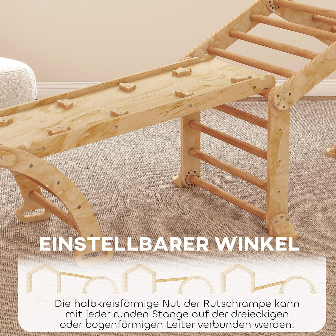 AIYAPLAY 9-in-1 Montessori Klettergerüst Indoor Holz Kletterdreieck mit Rutsche, Kletterbogen, Rampe