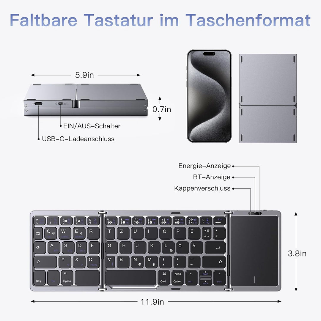 OMOTON Bluetooth-Faltbare-Tastatur, Kabellose Wiederaufladbare Klapptastatur mit Touchpad,3 Bluetoot